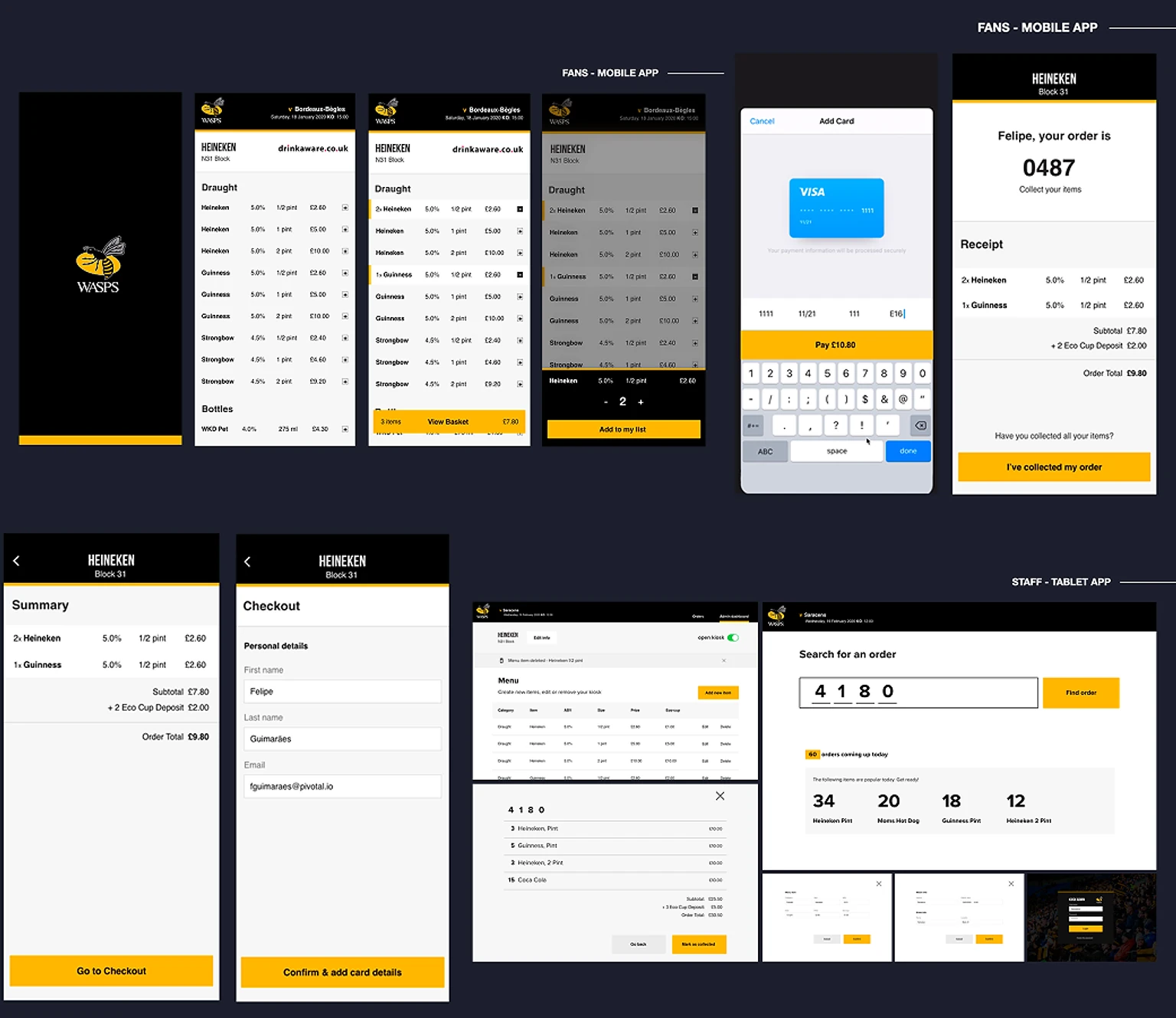 The Wasps MVP screens: Fans Mobile App (iOS and Android) splash, kiosk menu, item builder, basket, card payment, order receipt and personal-details checkout, plus the Staff Tablet App with menu management, order search and live popular-items dashboard