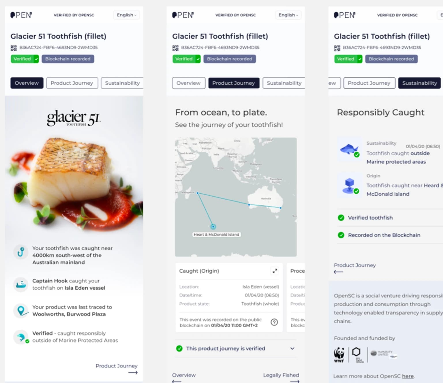 Glacier 51 Toothfish provenance experience in the OpenSC app: Overview with verified claim, Product Journey map from Heard and McDonald Islands to retailer, and Sustainability claims with WWF and BCG Digital Ventures branding