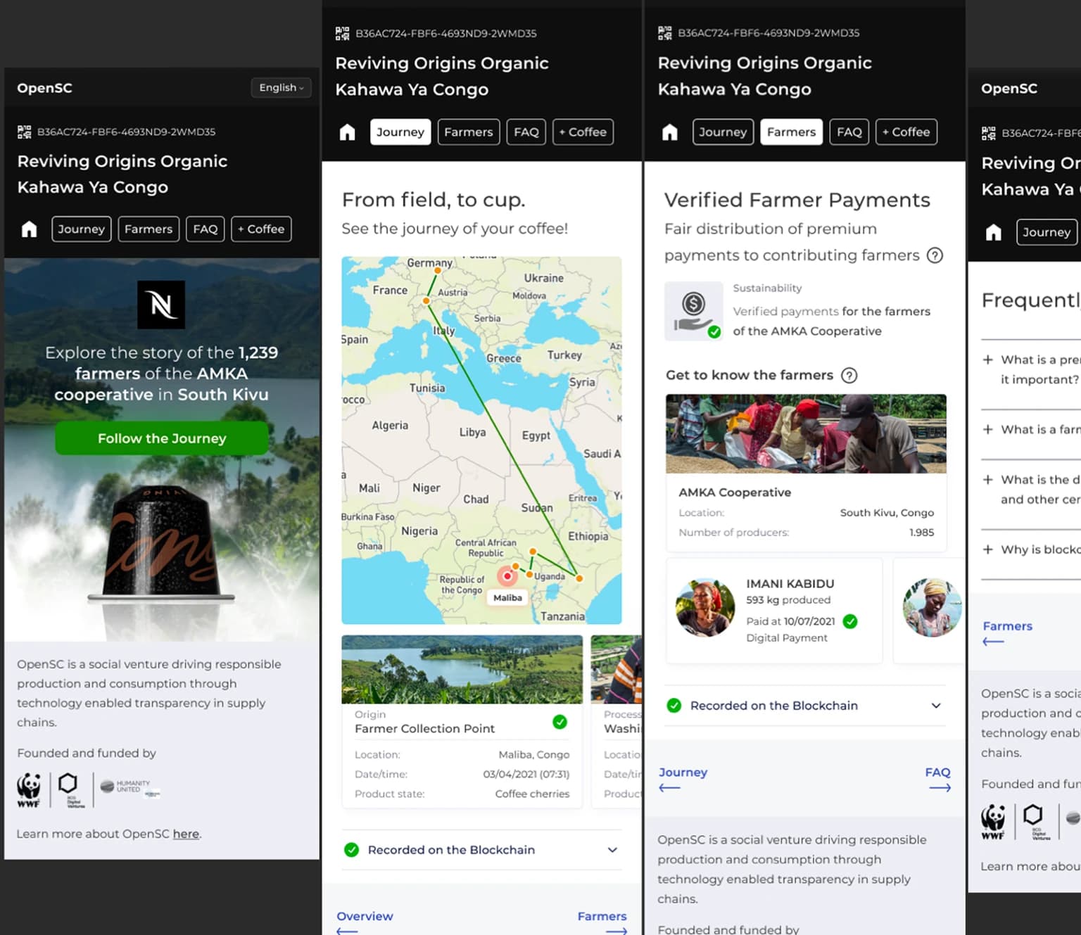 Nespresso Reviving Origins Organic Kahawa Ya Congo experience: hero with AMKA cooperative story in South Kivu, journey map, and Verified Farmer Payments view
