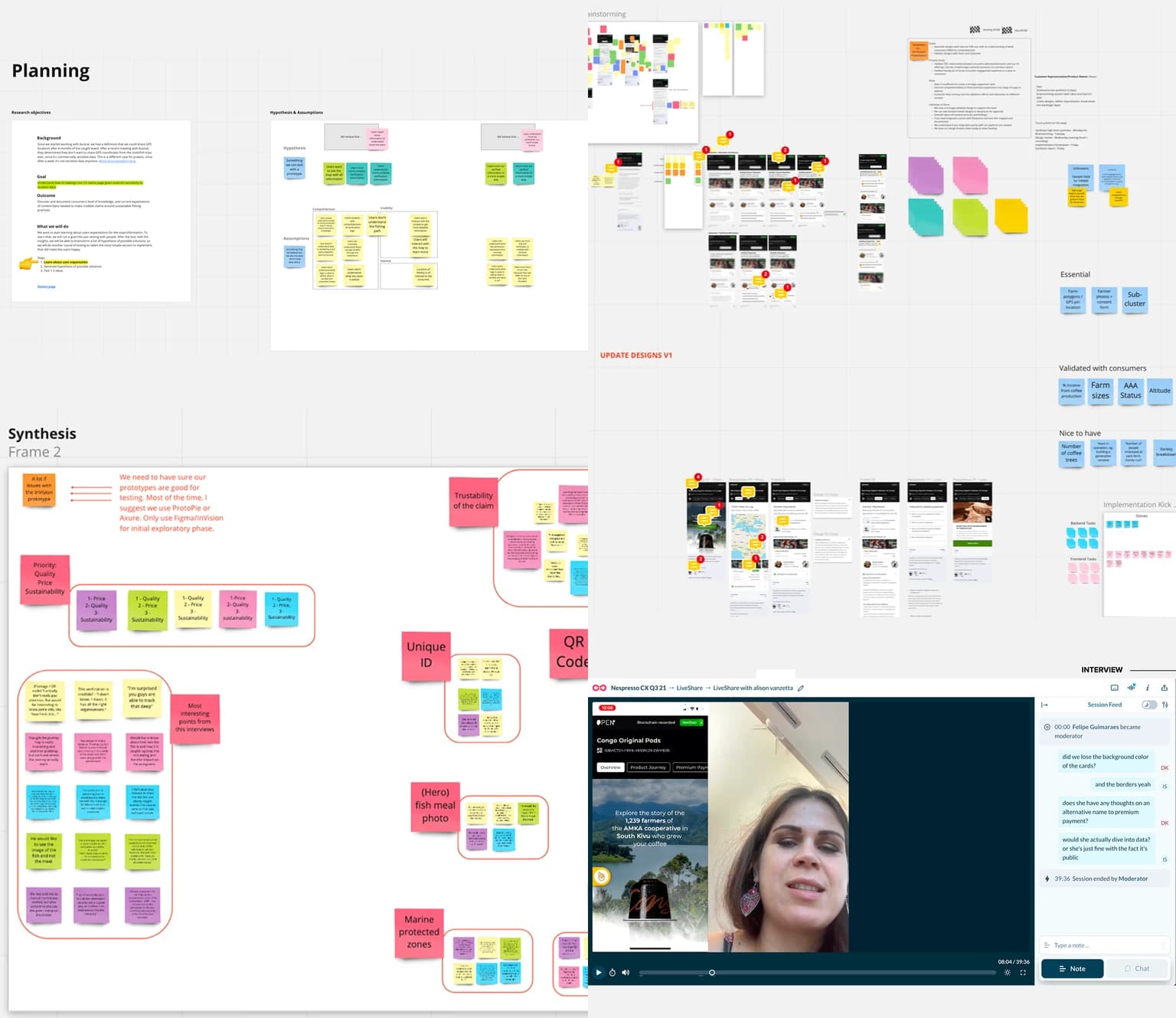 Miro research workspace covering planning, hypothesis and assumptions matrix, synthesis stickies, prototype critique, and a live Lookback interview moderation screenshot